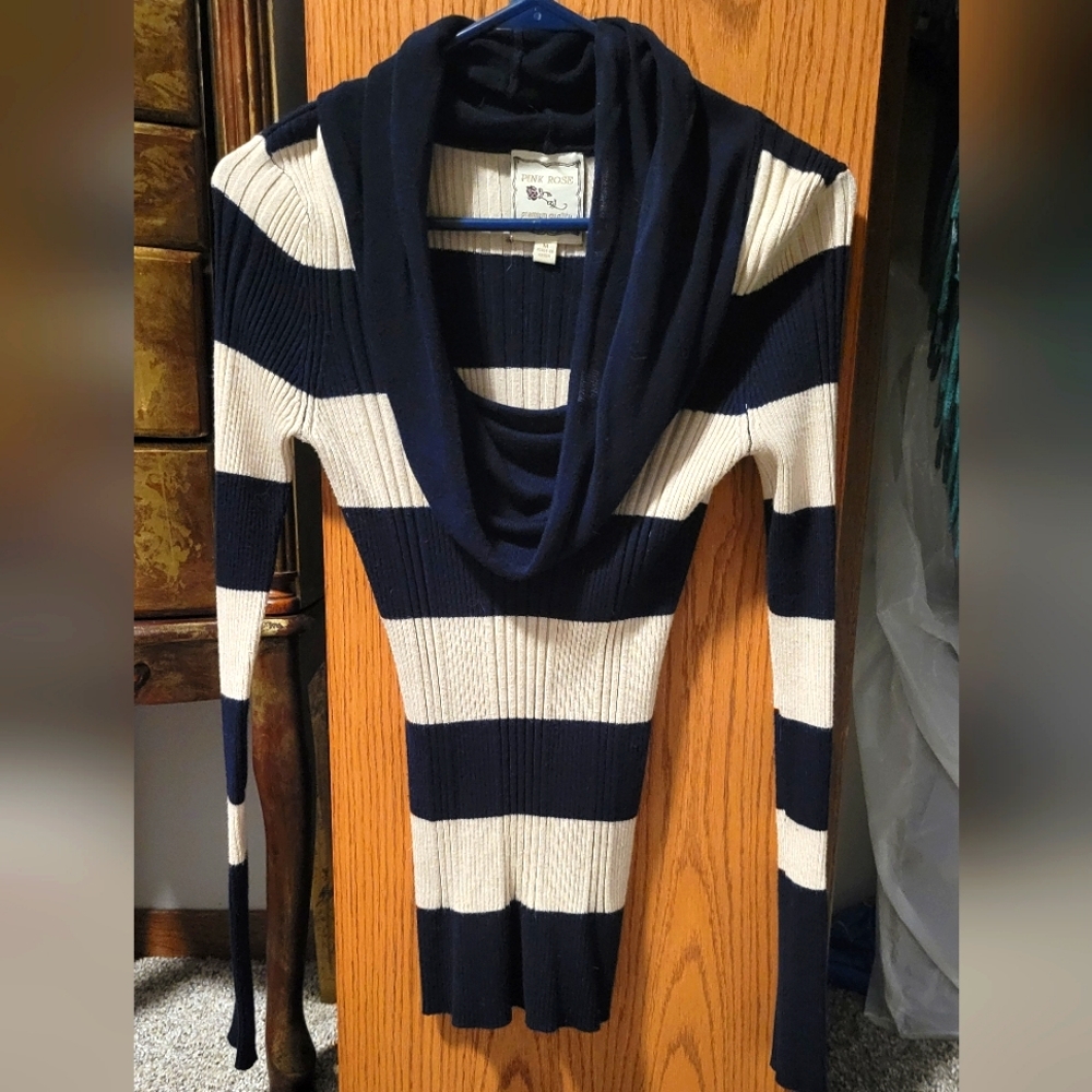 Navy & Cream Striped Cowl Neck Womens Sweater - Size Med